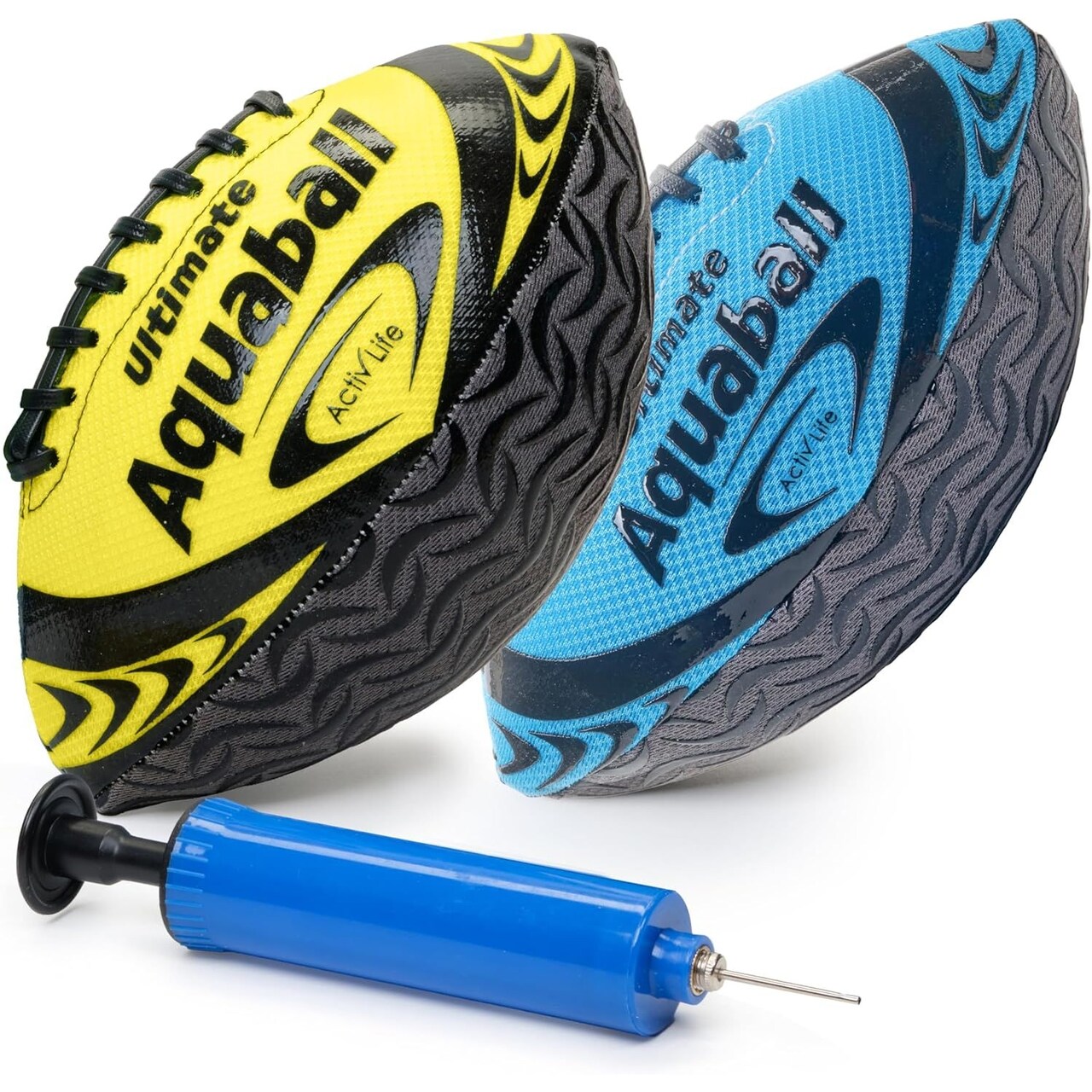Activ Life 2 Pack Water Football for Pool, Beach, Outdoor, 9.5-inch Waterproof Pool Toys for Kids, Heavy-Duty Water Ball, Double Lacing for Easy Grip, Lake Toys for Sports & Family Games - Blue/Yellow